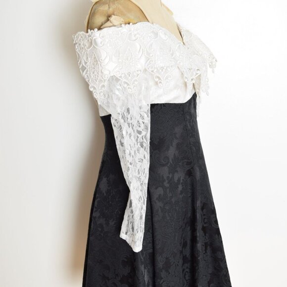 vintage 80s party dress black brocade white crochet lace off shoulder prom XS S - Picture 6 of 9